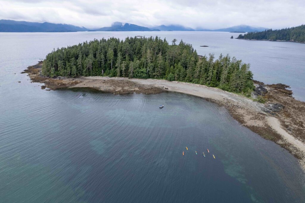 Aerial shot of kayakers leaving G̱andll K’in Gwaay.yaay (Hotspring Island)