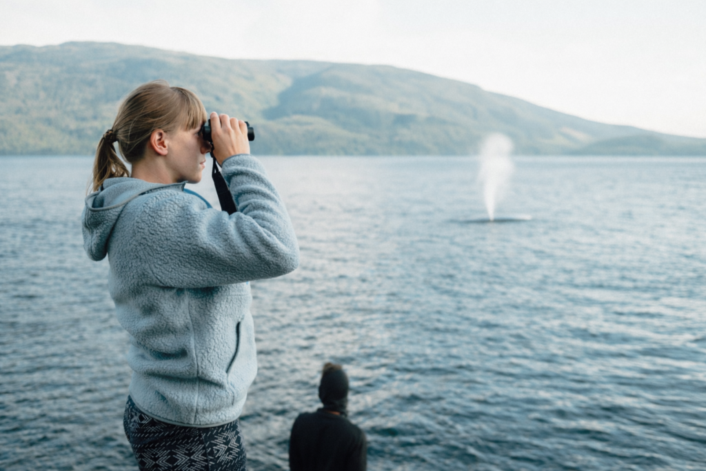 Two people on shore watching a whale's blow.